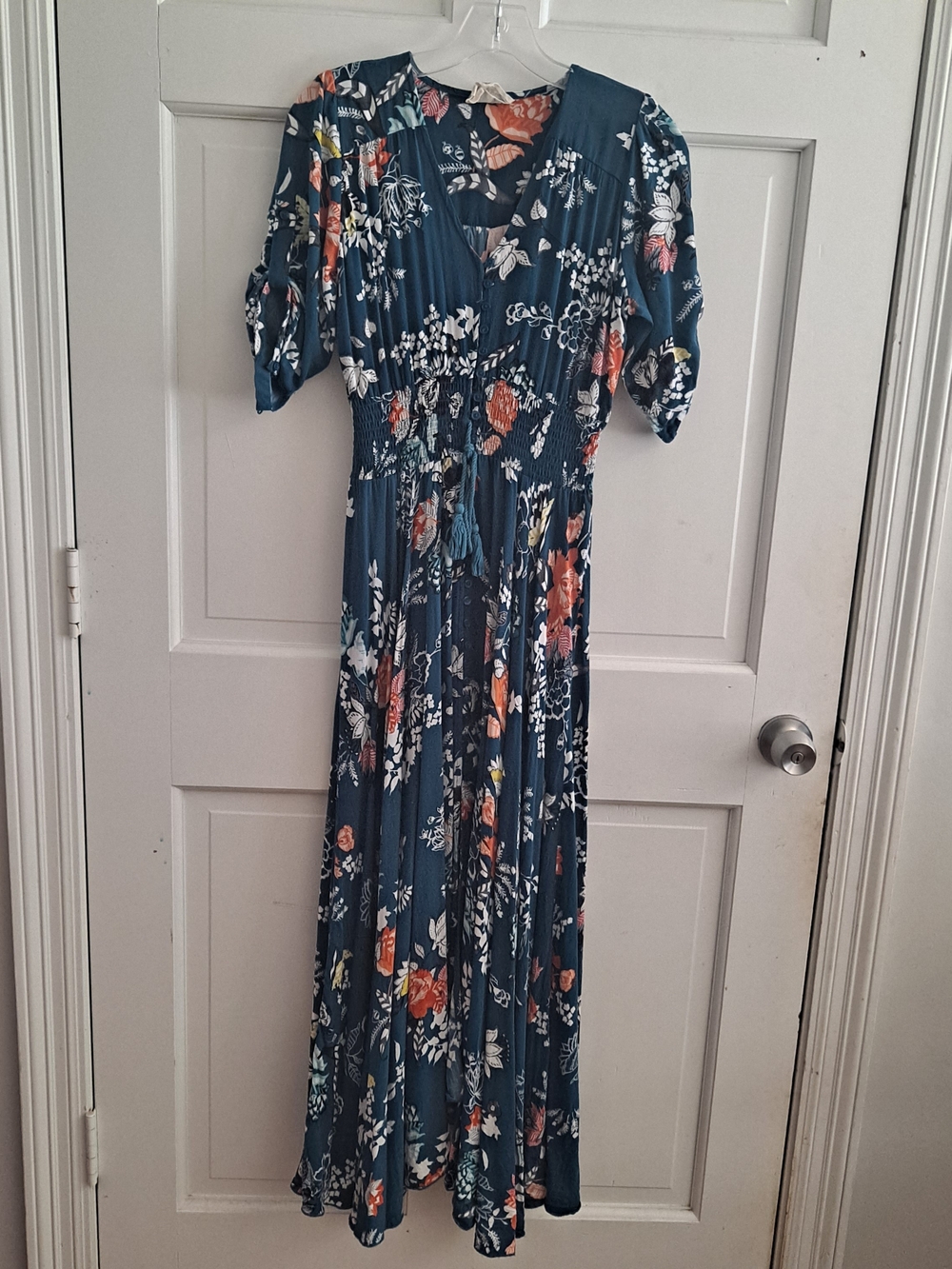 Jaase Teal Floral Maxi Dress with Short Puff Sleeves